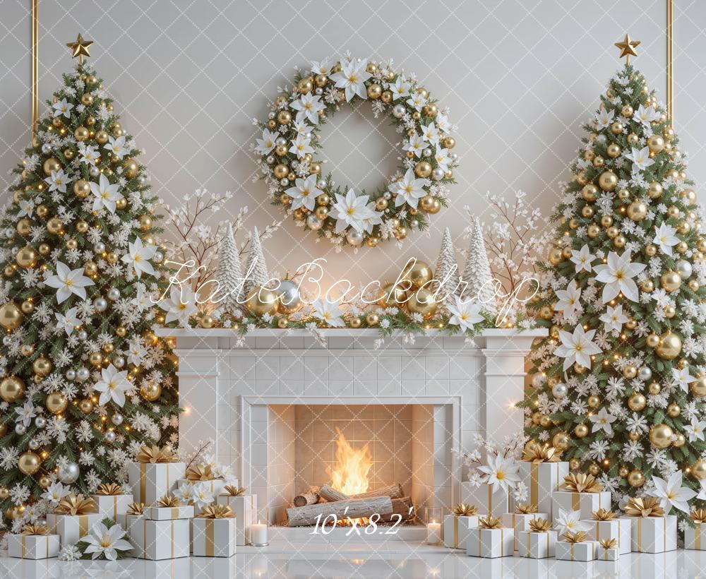 Kate Christmas White Gold Poinsettias Trees Fireplace Wreath Presents Printed Backdrop Designed by Mini MakeBelieve