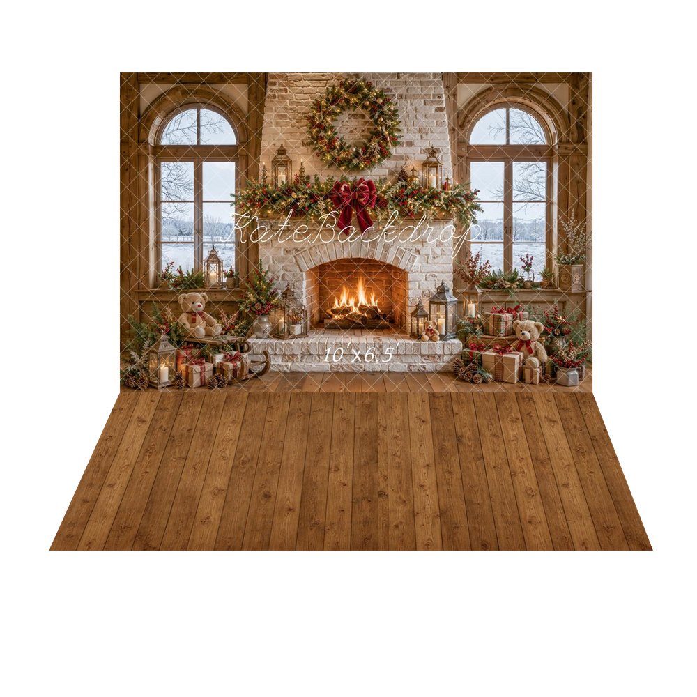 Kate Christmas Stone Fireplace Wreath Garland Lanterns Teddy Bear Printed Backdrop+Brown Wood Plank Floor Printed Backdrop