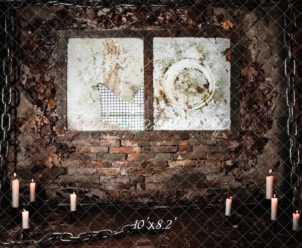 Kate Halloween Spooky Brick Wall Chains Candles Window Printed Backdrop Designed by Fantasyphotoart