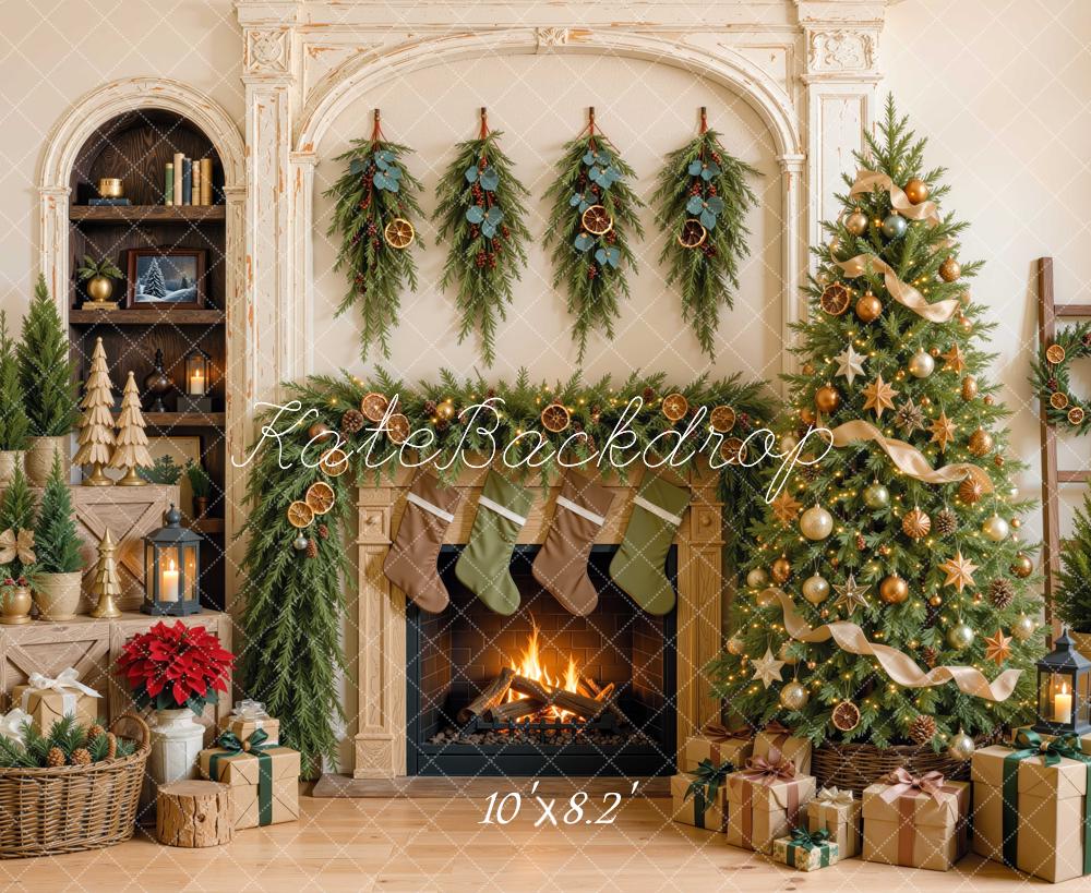 Kate Christmas Fireplace Tree Stockings Int Orange Peels Garland Printed Backdrop Designed by Mini MakeBelieve