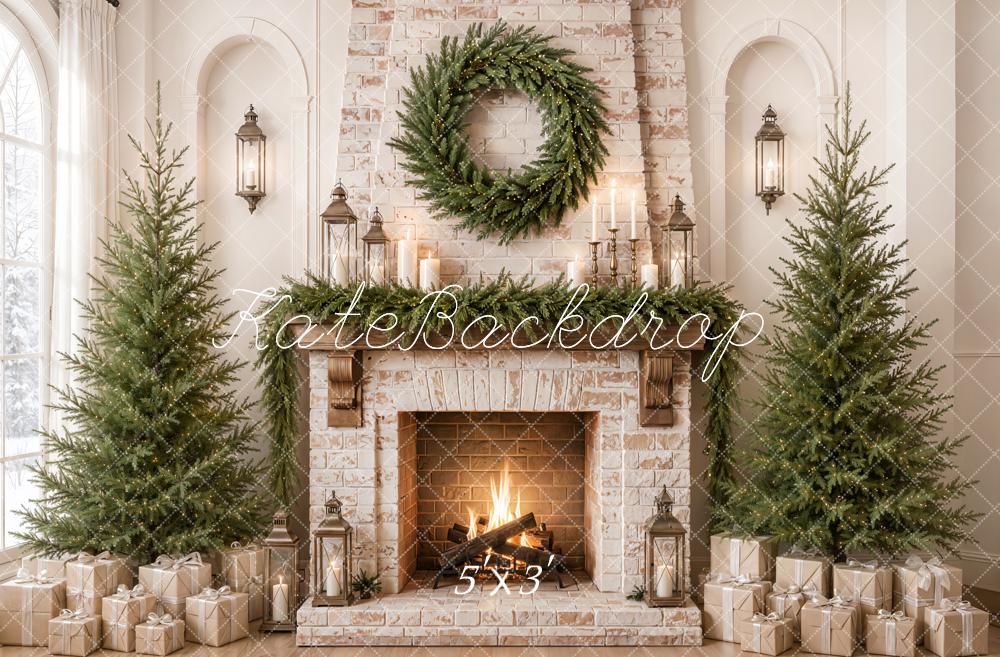 Kate Christmas Fireplace Wreath Evergreen Trees Gifts Printed Backdrop Designed by Emetselch