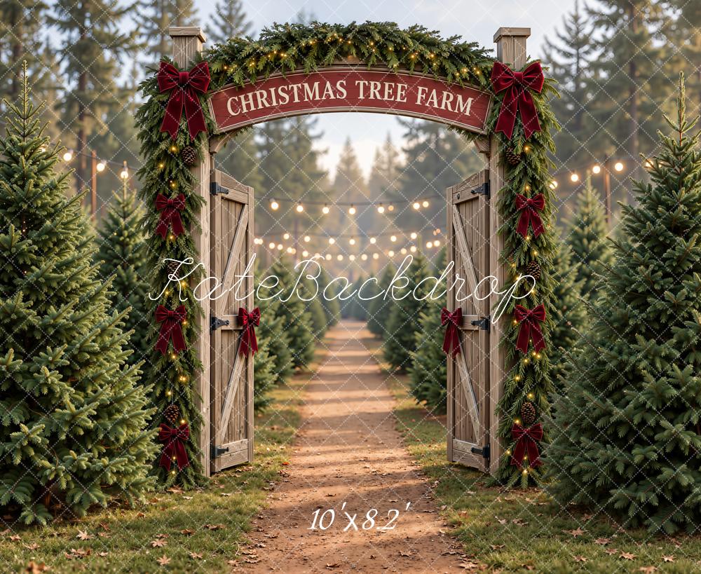 Kate Christmas Tree Farm Gate Rustic Red Bow Printed Backdrop Designed by Emetselch