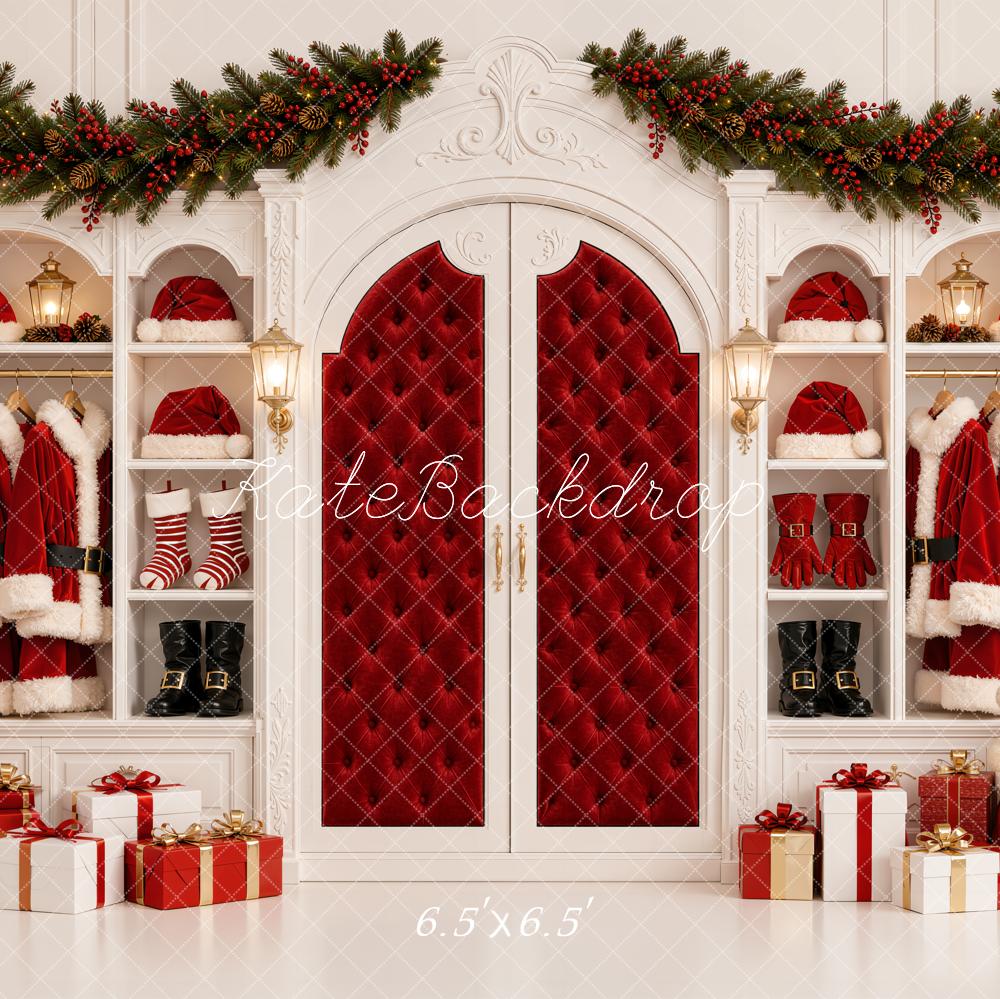 Kate Christmas Santa Closet Red Quilted Doors Coat Garland Printed Backdrop Designed by Emetselch