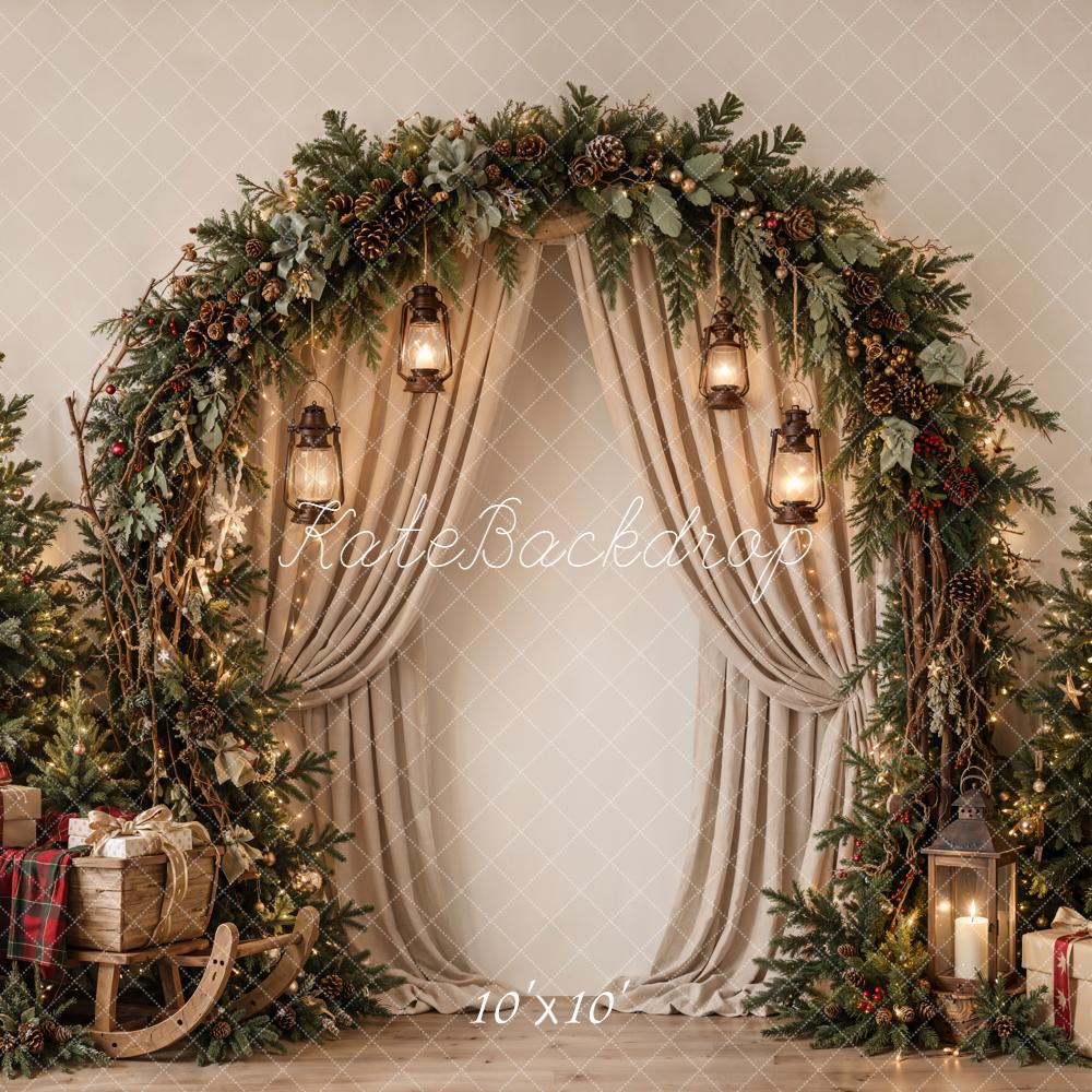 Kate Christmas Tree Evergreen Arch Draped Curtains Neutral Printed Backdrop Designed by Emetselch