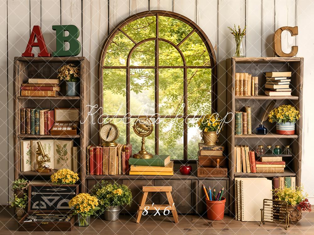 Kate Back to School Bookshelves Window Books Flowers Printed Backdrop Designed by Emetselch