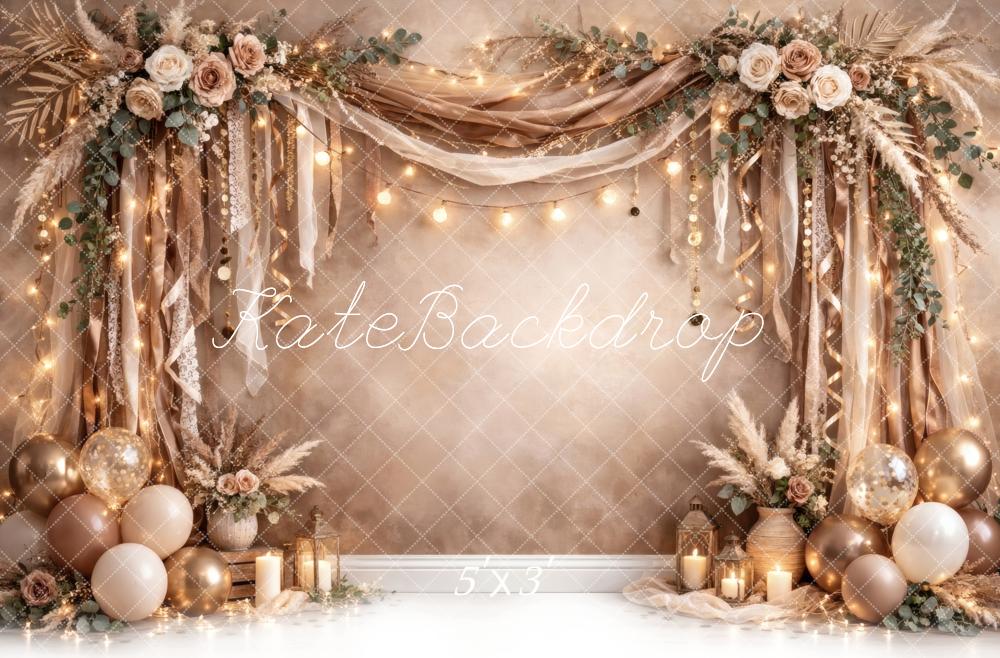 Kate Boho Draped Flower Arch Balloons Champagne Printed Backdrop Designed by Vertigo Productions