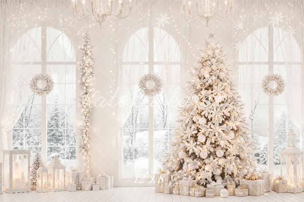 Kate White Christmas Tree Gifts Windows Wreath Lantern Printed Backdrop Designed by Emetselch