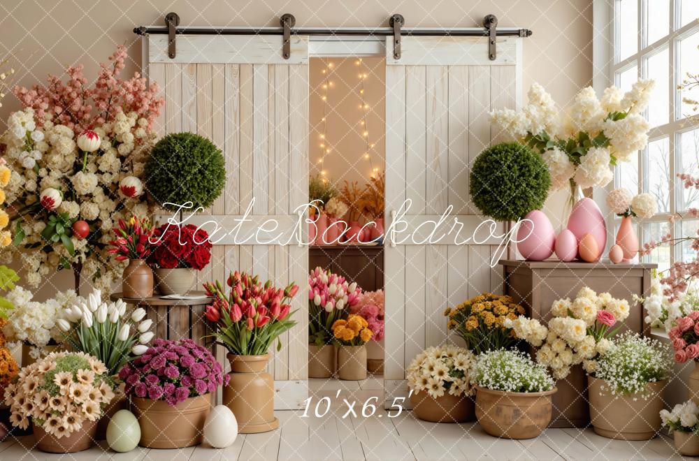 Kate Easter Flowers Pink Eggs Barn Door Printed Backdrop Designed by Mini MakeBelieve