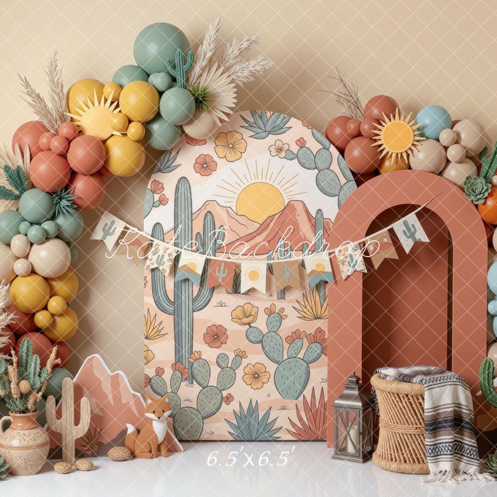 Kate Cake Smash Boho Desert Cactus Sun Balloons Printed Backdrop Designed by Mini MakeBelieve
