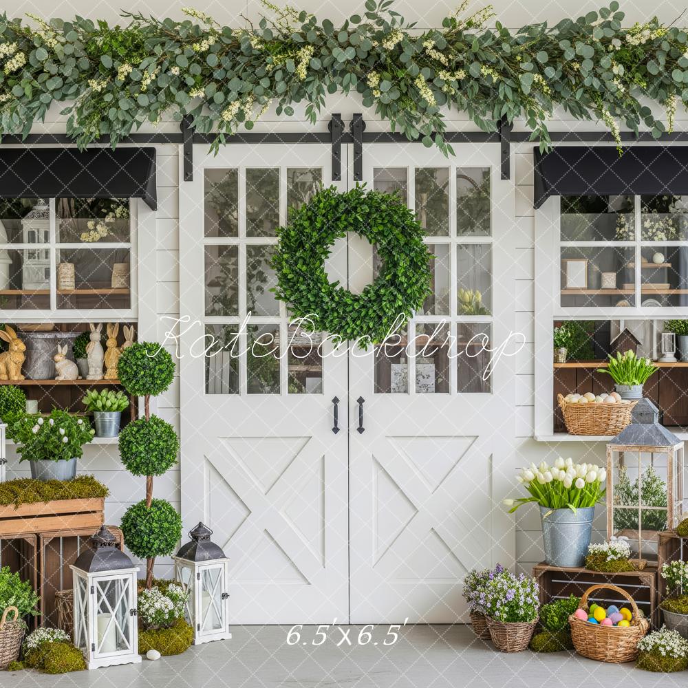 Kate Easter Greenery Wreath Door Birdhouse Crates Backdrop Designed by Patty Roberts