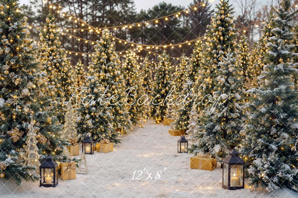 Kate Christmas Snowy Pine Tree Forest String Lights Printed Backdrop Designed by Mini MakeBelieve