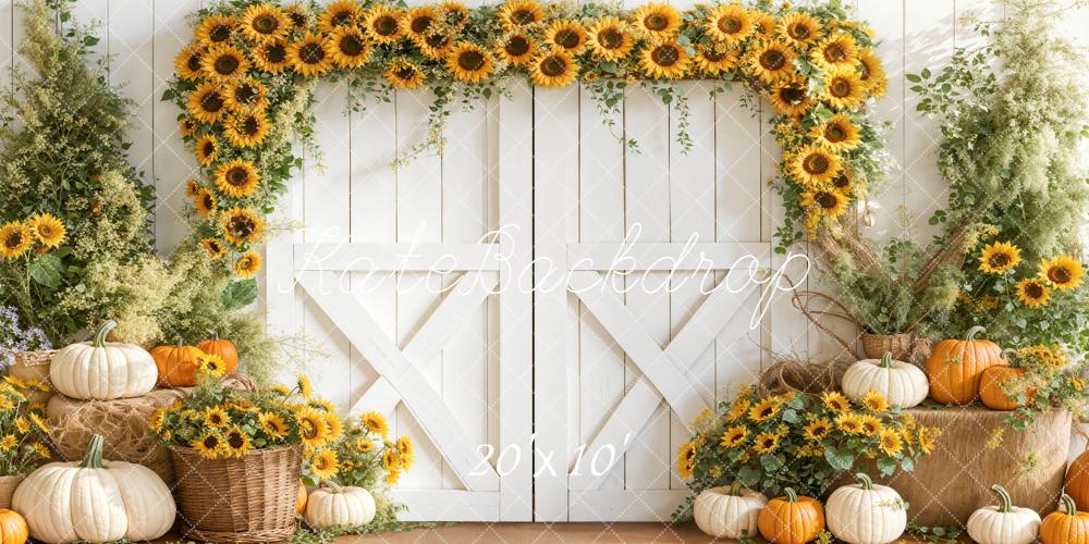 Kate Fall Sunflower Arch White Barn Pumpkins Rustic Backdrop Designed by Emetselch