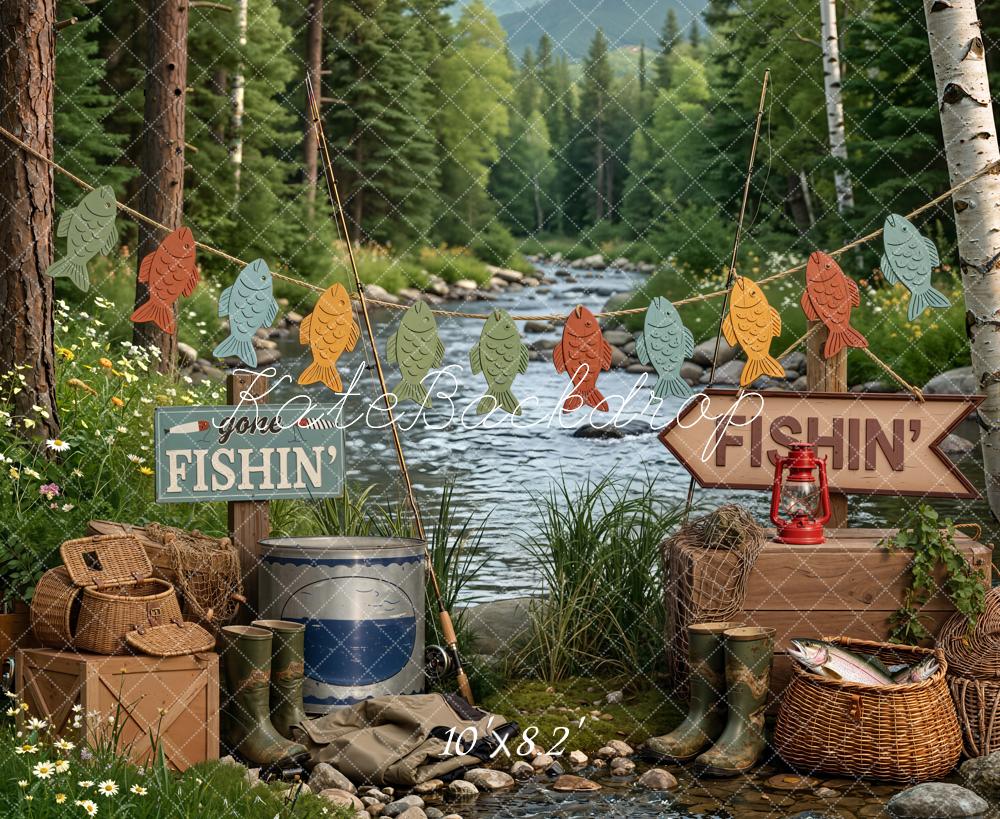 Kate Fishing Camp River Garland and Baskets Printed Backdrop Designed by Emetselch