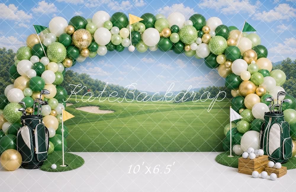 Kate Birthday Golf Course Balloon Arch Green Fairway Printed Backdrop Designed by Caitlin Lynch