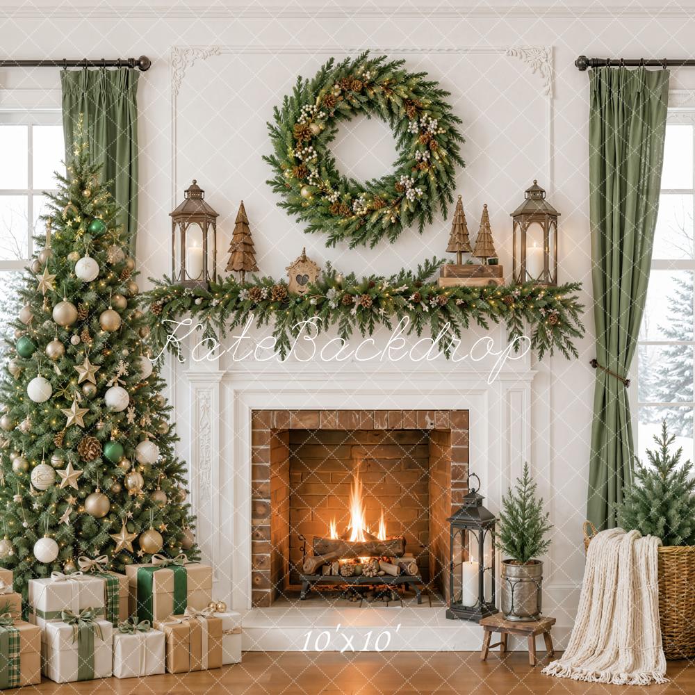 Kate Christmas Fireplace Tree Wreath Garland Lanterns Winter Window Printed Backdrop Designed by Emetselch