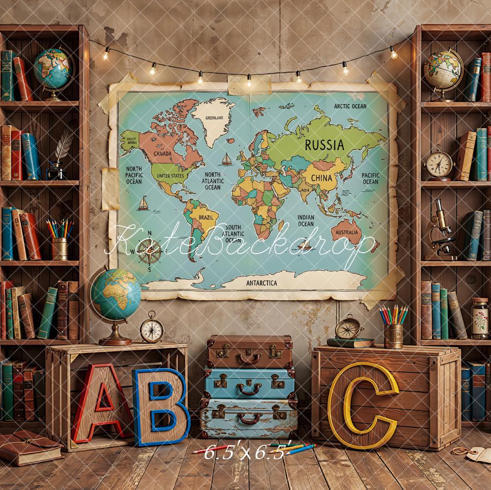 Kate Back to School World Map Bookshelves Globes ABC Letters Printed Backdrop Designed by Emetselch