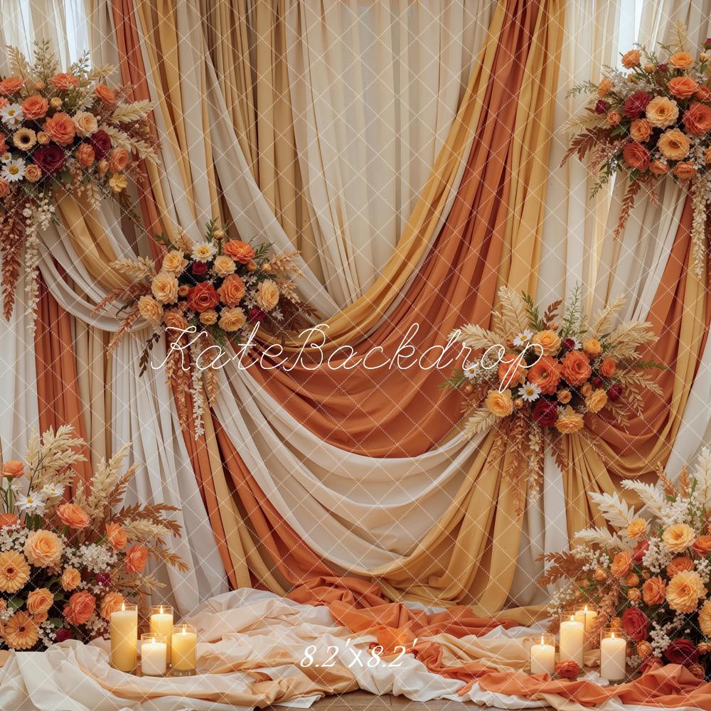 Kate Fall Flowers Drapes Candles Orange White Printed Backdrop Designed by Mini MakeBelieve