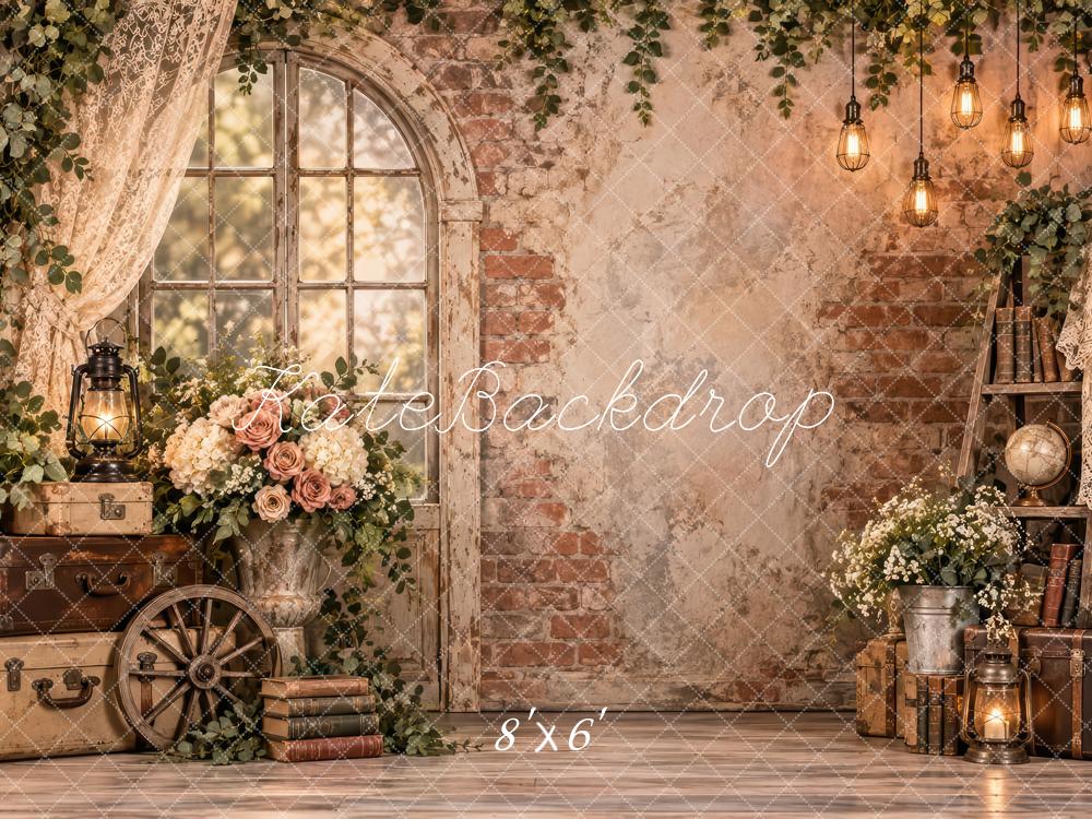 Kate Spring Vintage Brick Wall Arched Window Flowers Lanterns Printed Backdrop Designed by Laura Bybee