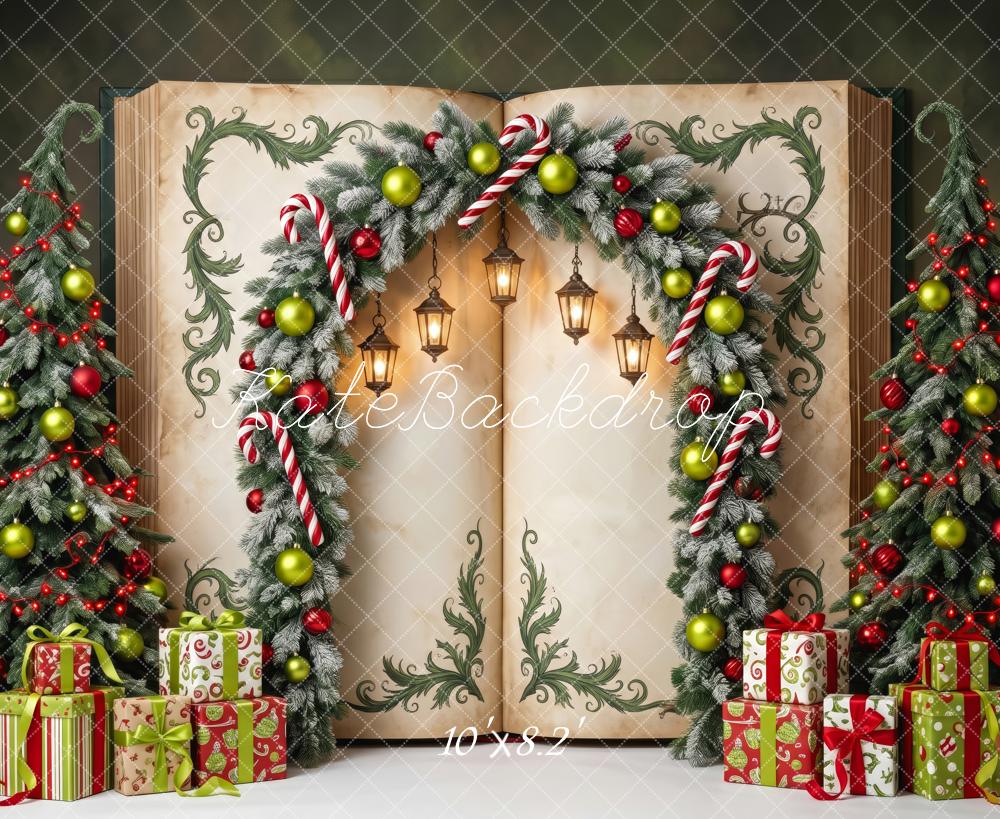 Kate Christmas Tree Fantasy Open Book Arch Candy Canes Gifts Lanterns Printed Backdrop Designed by Patty Roberts