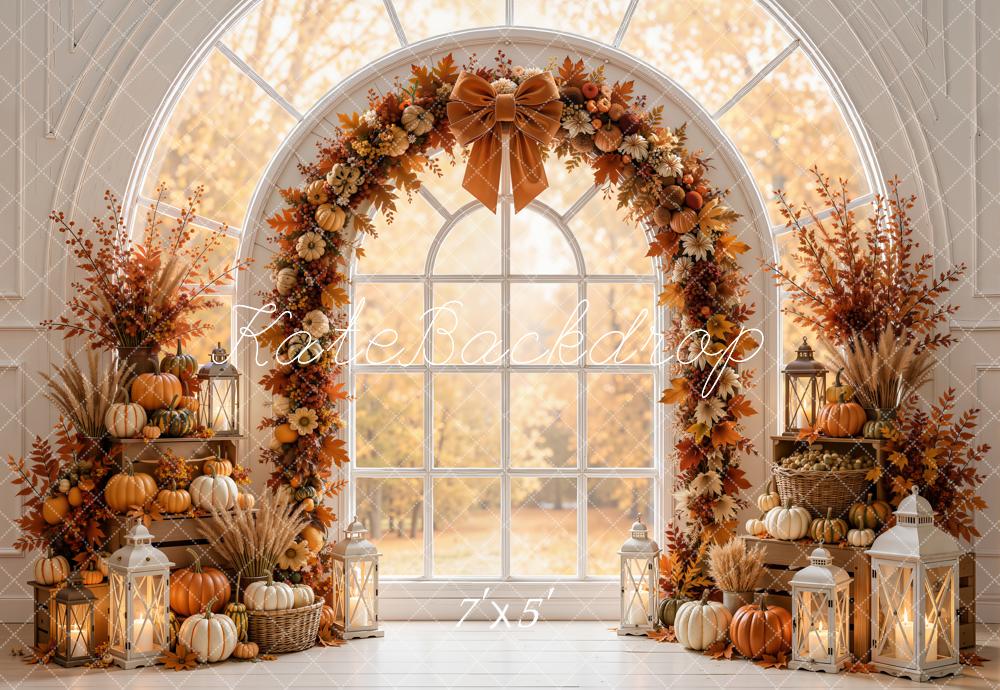 Kate Fall Pumpkin Flower Arch Window White Printed Backdrop Designed by Emetselch