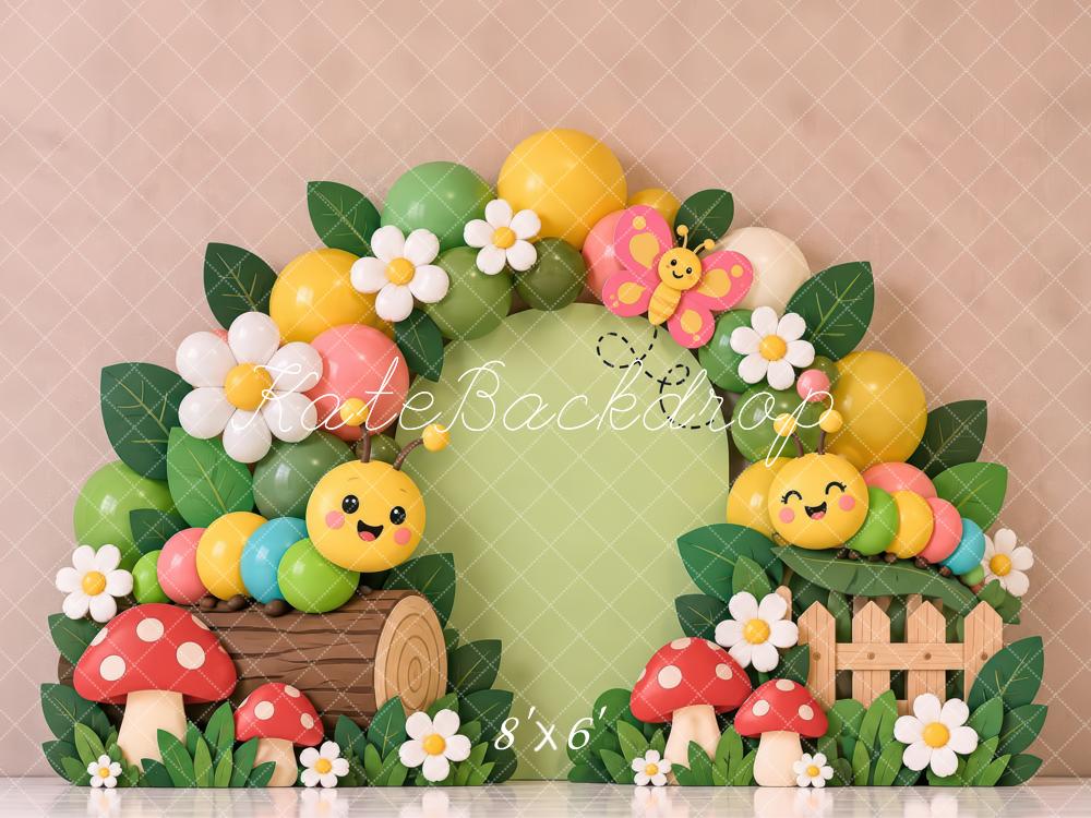 Kate Spring Cake Smash Garden Caterpillars Flowers Mushrooms Printed Backdrop Designed by Laura Bybee