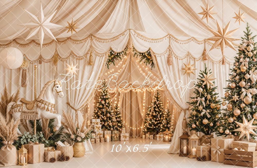 Lightning Deal Kate Christmas Circus Trees White Gold Draped Star Decor Printed Backdrop Designed by Emetselch