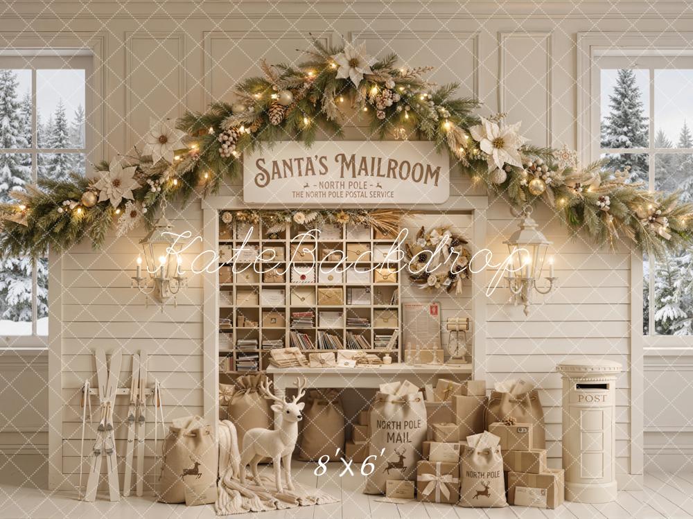 Kate Christmas Mailroom Garland Gifts Reindeer White Window Printed Backdrop Designed by Emetselch