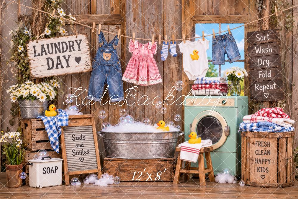 Kate Rustic Laundry Day Kids Clothesline Washing Machine Printed Backdrop Designed by Laura Bybee