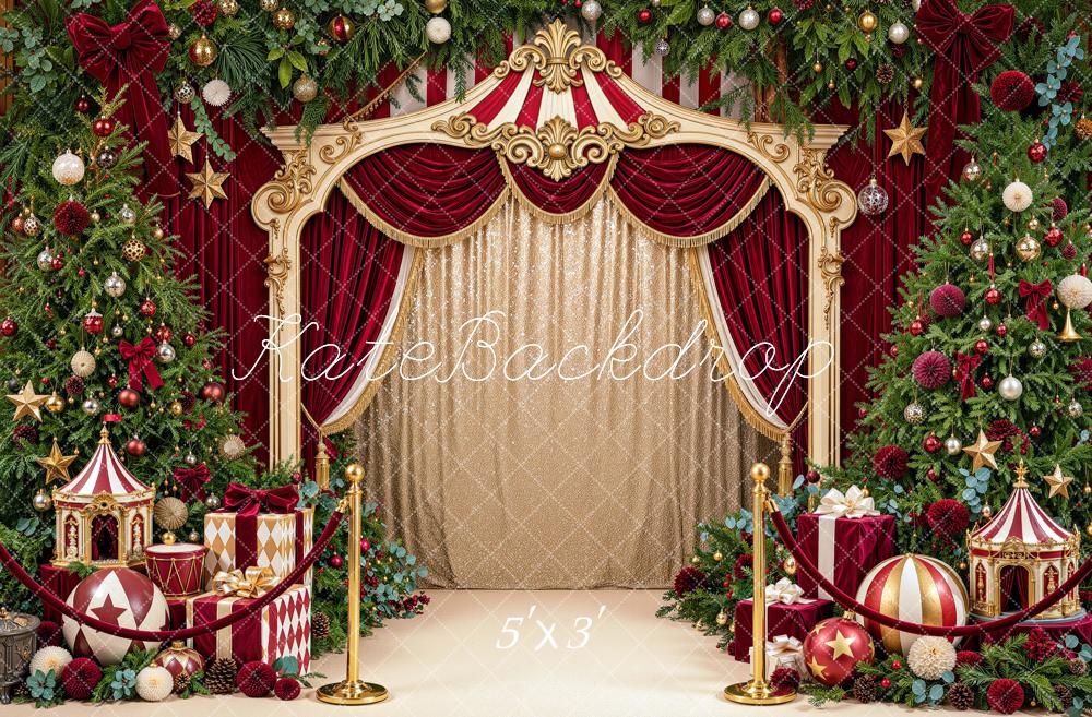 Kate Christmas Trees Carousel Circus Red Curtains Ball Printed Backdrop Designed by Mini MakeBelieve