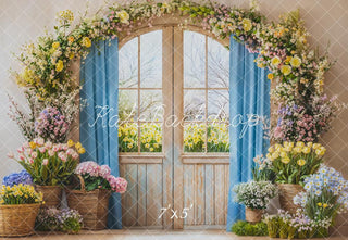 Kate Spring Flower Arch Window Blue Curtain Baskets Printed Backdrop Designed by Emetselch
