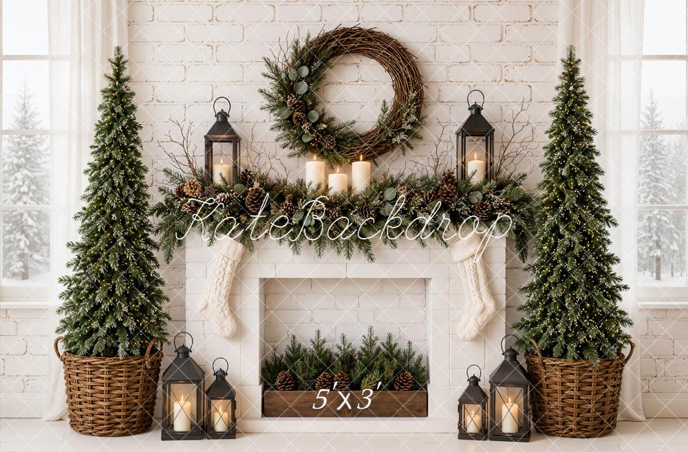 Kate Christmas Fireplace Minimalist Pine Trees Wreath Lanterns Printed Backdrop Designed by Emetselch