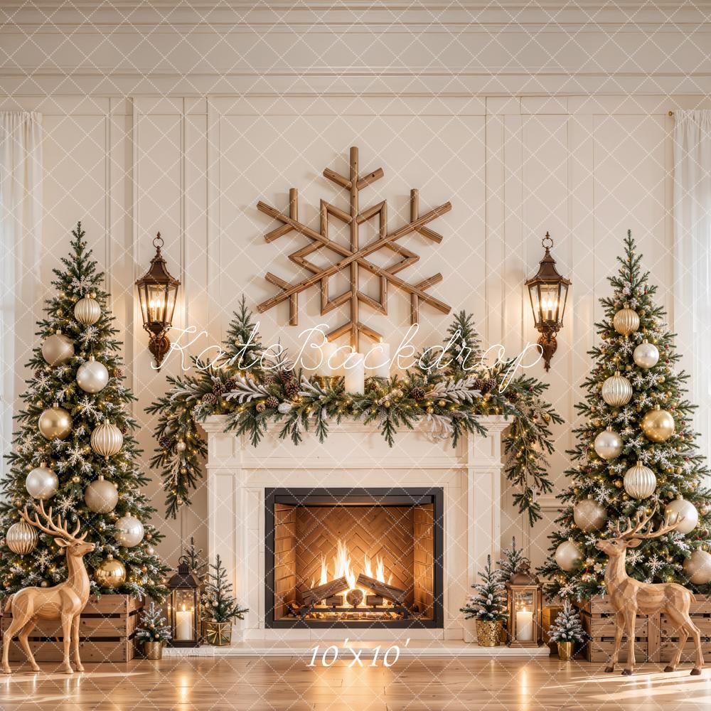 Kate Christmas Fireplace Christmas Trees Deer Printed Backdrop Designed by Emetselch