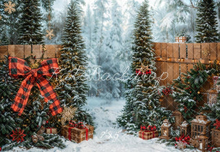 Kate Christmas Tree Snowy Forest Bow Gifts Printed Backdrop Designed by Emetselch