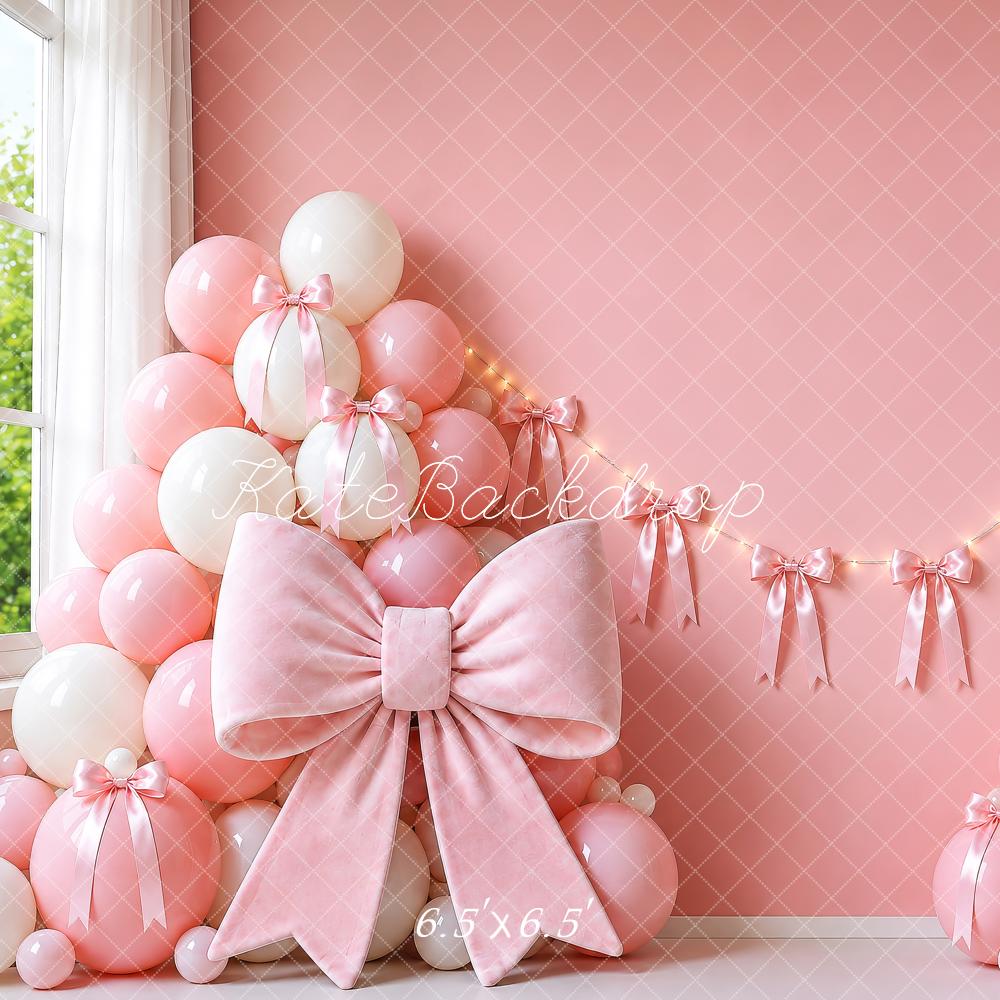 Kate Cake Smash Pink Bow Balloon Garland Printed Backdrop Designed by Shutter Swan Studios