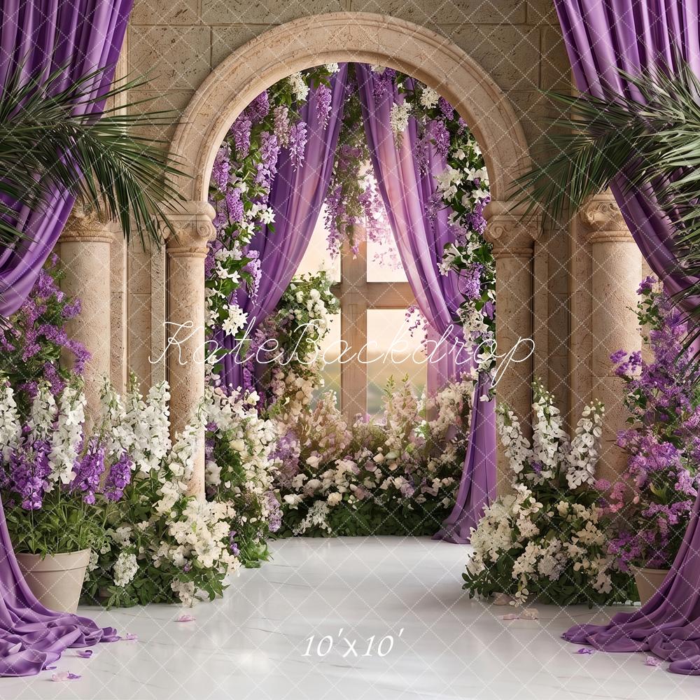 Kate Church Stage Cross Purple Flower Arch Stone Columns Printed Backdrop Designed by Angela Miller