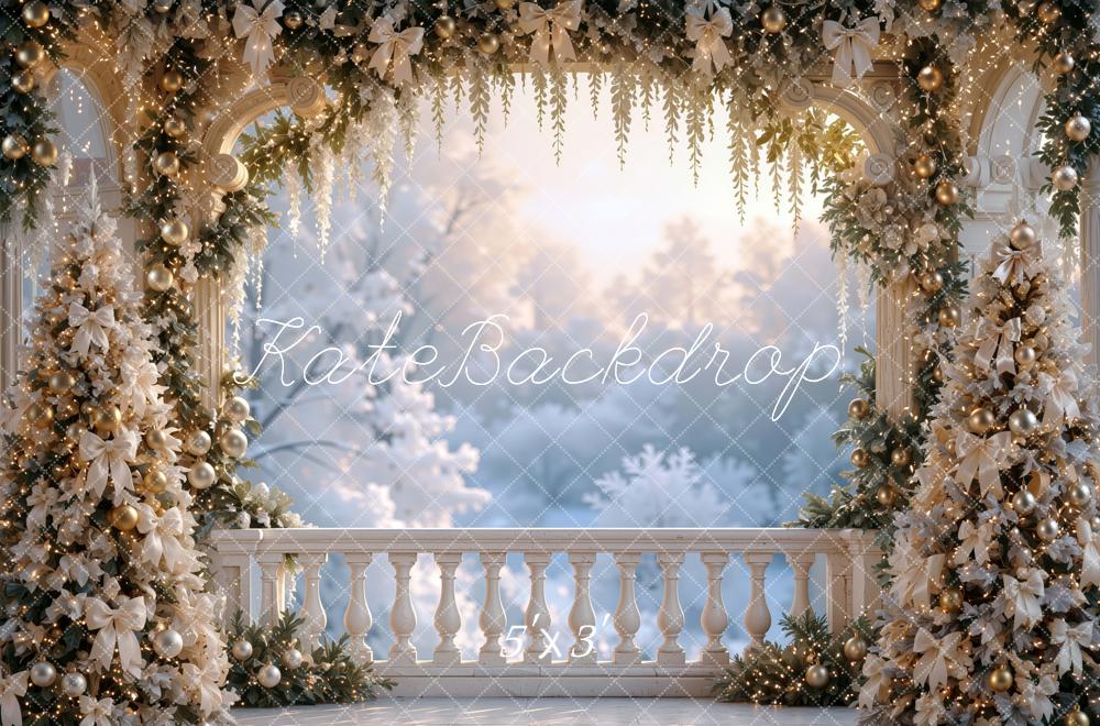 Kate Christmas Balcony White Gold Garland Trees Arch Printed Backdrop Designed by Mini MakeBelieve