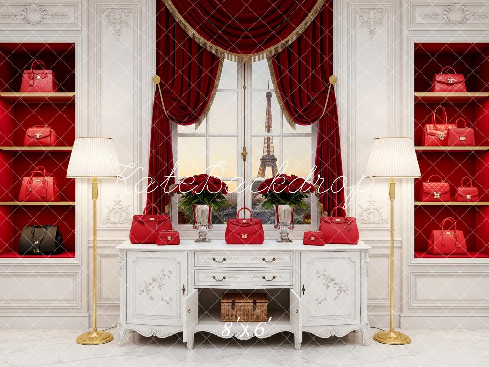 Kate Red Handbag Display Paris Window Scene Backdrop Designed by Patty Roberts