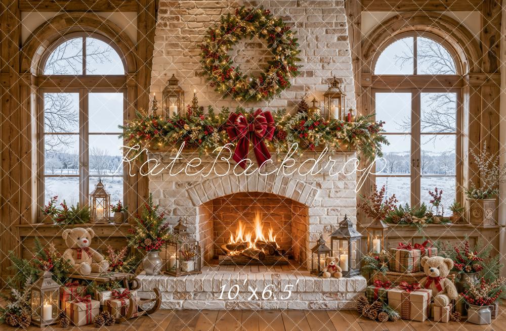 TEST Kate Christmas Fireplace Stone Garland Wreath Teddy Bear Gifts Printed Backdrop Designed by Emetselch