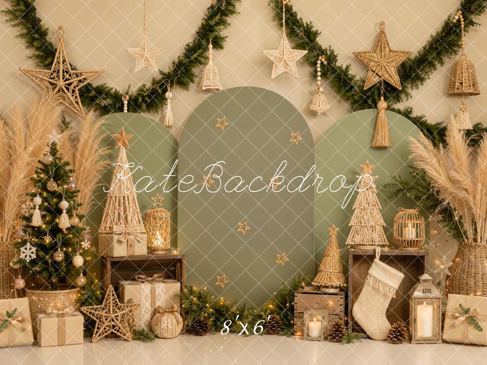 Kate Christmas Boho Green Arch Panels Trees Stars Printed Backdrop Designed by Emetselch