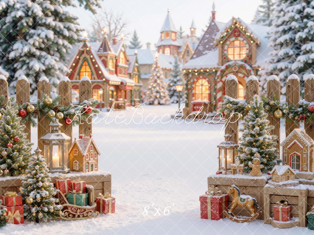 Kate Christmas Snowy Village Gingerbread Houses Printed Backdrop Designed by Mini MakeBelieve