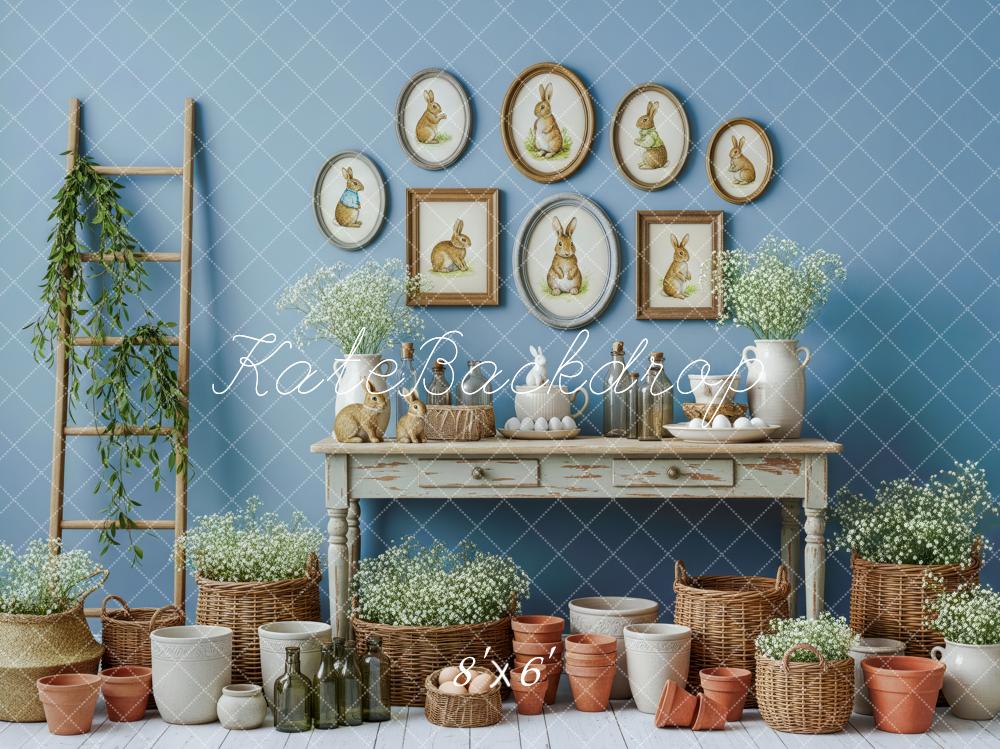 Kate Easter Bunny Blue Wall Baskets Pots Floral Decor Printed Backdrop Designed by Patty Roberts