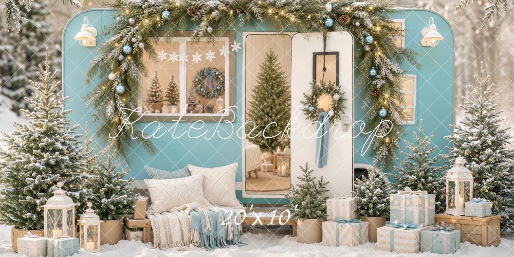Kate Christmas Blue Camper Garland Trees Gifts Snowy Printed Backdrop Designed by Emetselch