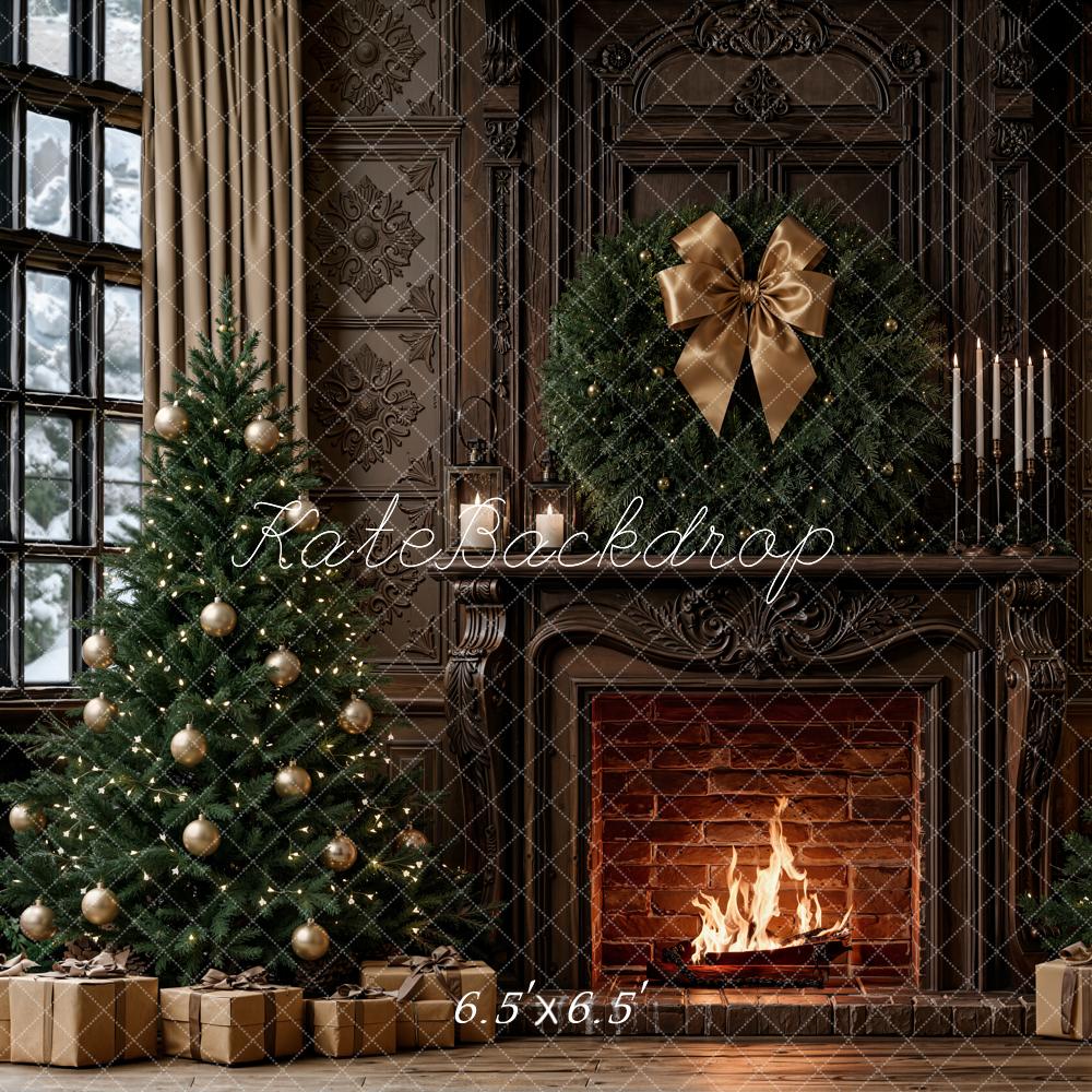 Kate Christmas Retro Brown Fireplace Trees Bow Gifts Printed Backdrop Designed by Emetselch