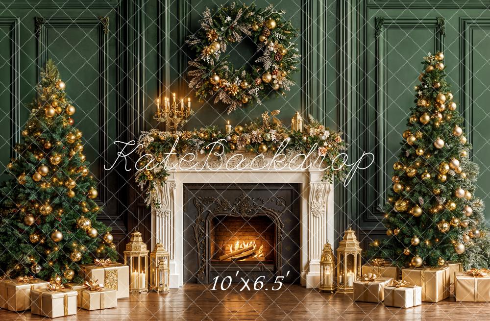 Kate Christmas Trees Fireplace Green Wall Gold Gifts Backdrop Designed by Emetselch