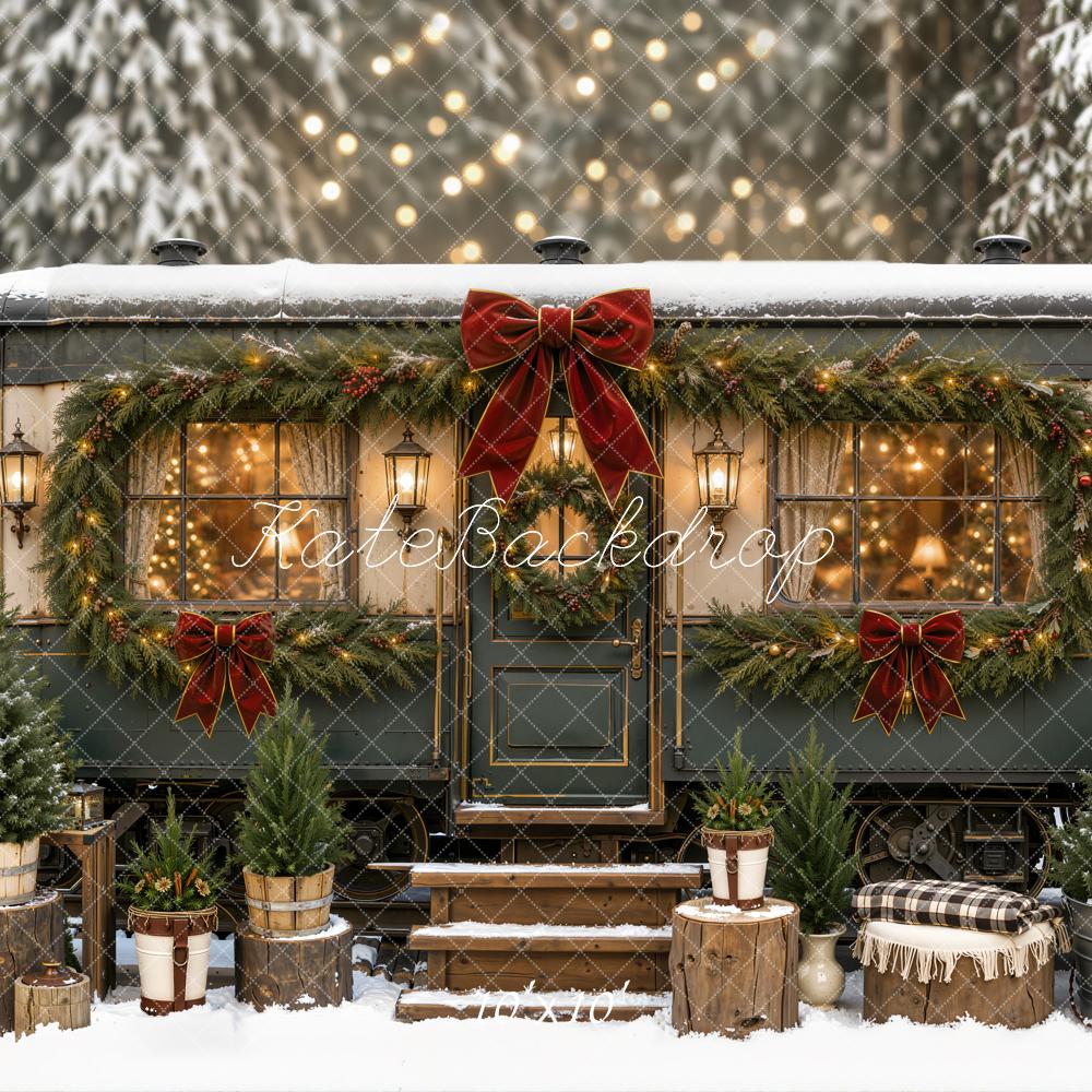 Kate Christmas Snowy Garland Trailer Res Bow Printed Backdrop Designed by Emetselch