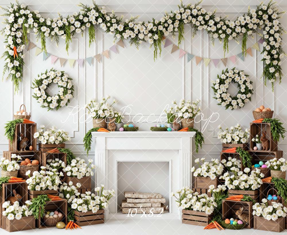 Kate Easter Bunny White Floral Fireplace Crates Printed Backdrop Designed by Mini MakeBelieve