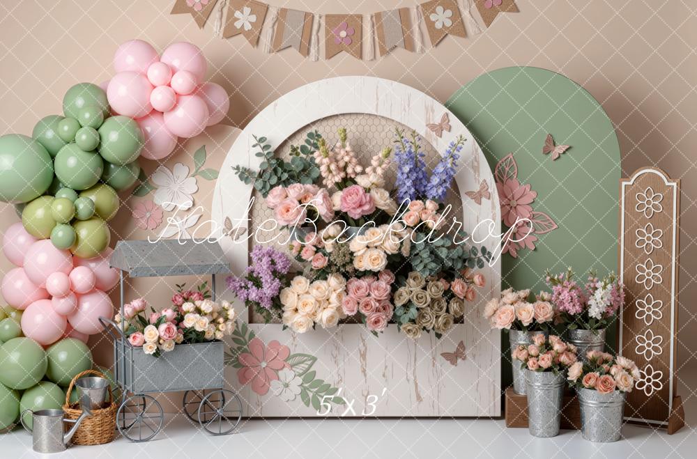 Kate Cake Smash Flower Arch Pastel Balloons Floral Bunting Printed Backdrop Designed by Mini MakeBelieve