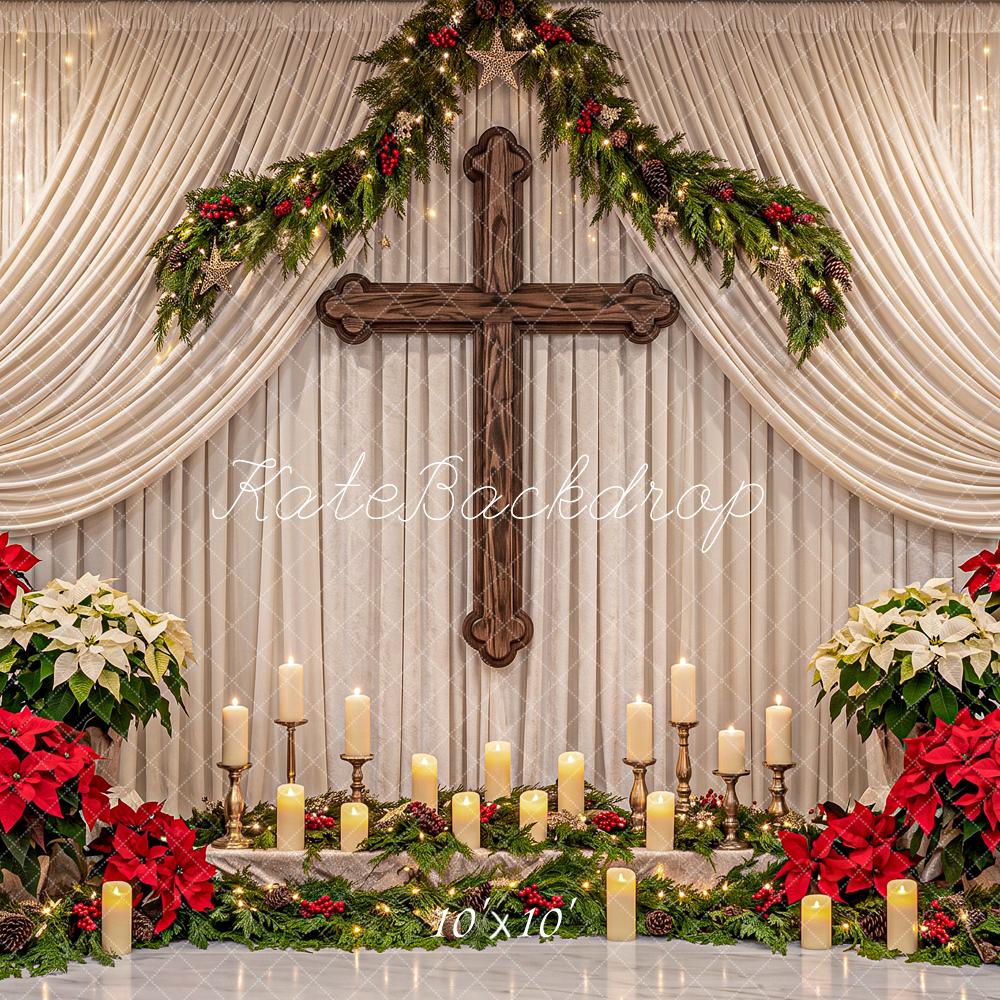 Kate Christmas Church Cross Altar Poinsettia Garland Printed Backdrop Designed by Angela Miller
