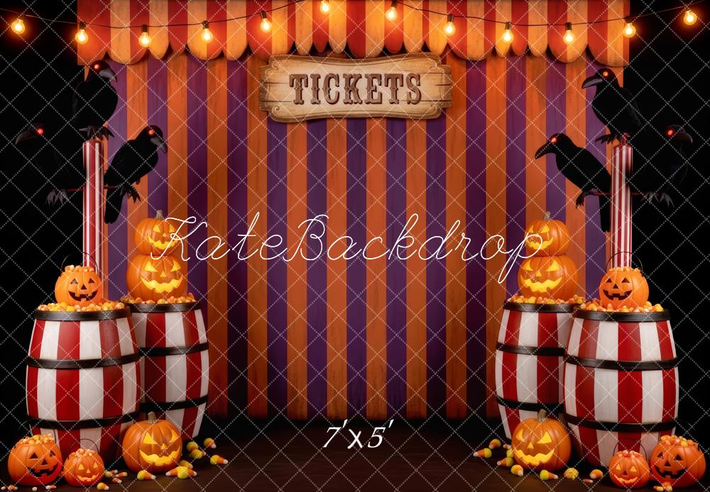 Kate Halloween Circus Pumpkins Barrels Striped Curtain Backdrop Designed by Patty Roberts