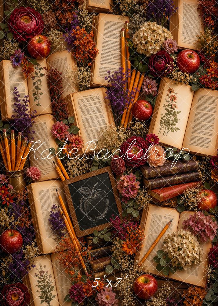 Kate Back to School Botanical Books Apples Flowers Chalkboard Printed Backdrop Designed by Ashley Ward